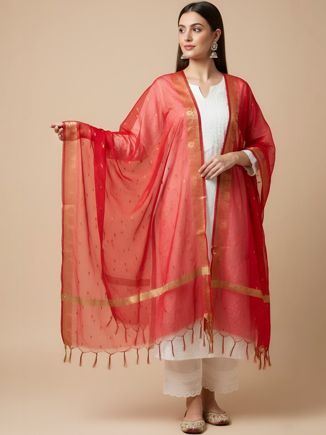 MUFFLY Ethnic Motifs Woven Design Cotton Silk Dupatta with Zari