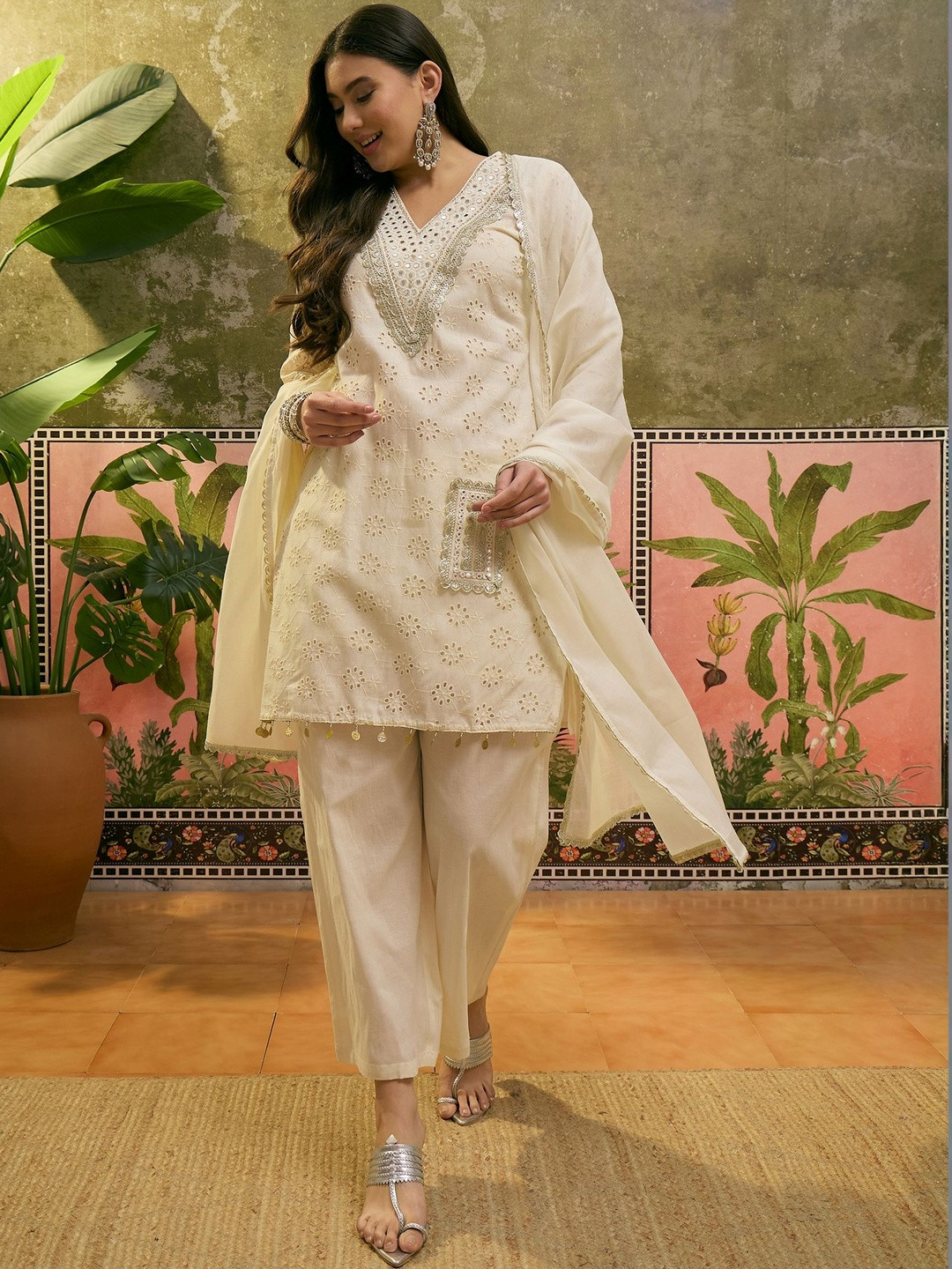 Sangria Embroidered Pure Cotton V-Neck Kurta & Trousers With Dupatta