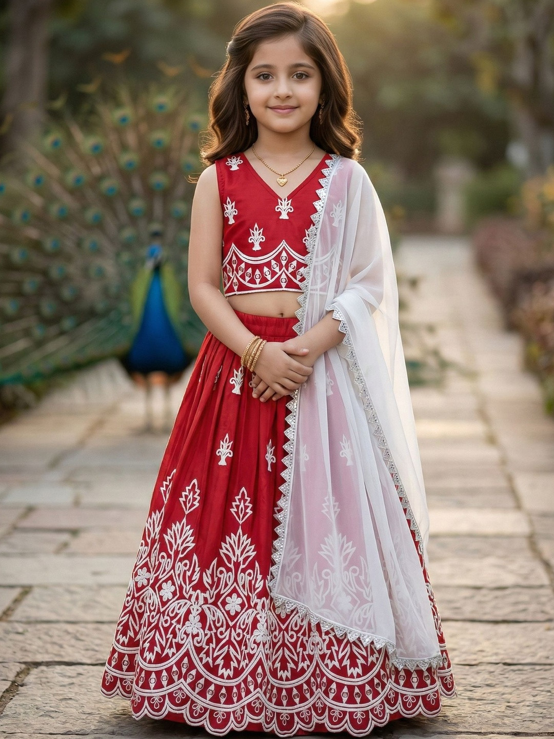 KALINI Girls Embroidered Thread Work Ready to Wear Lehenga & Blouse With Dupatta