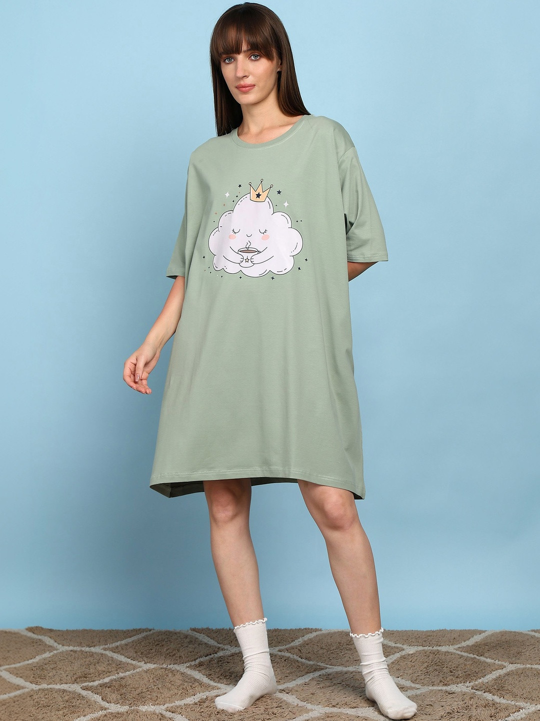 SWITCHOVER Printed Cotton Round Neck Nightdress
