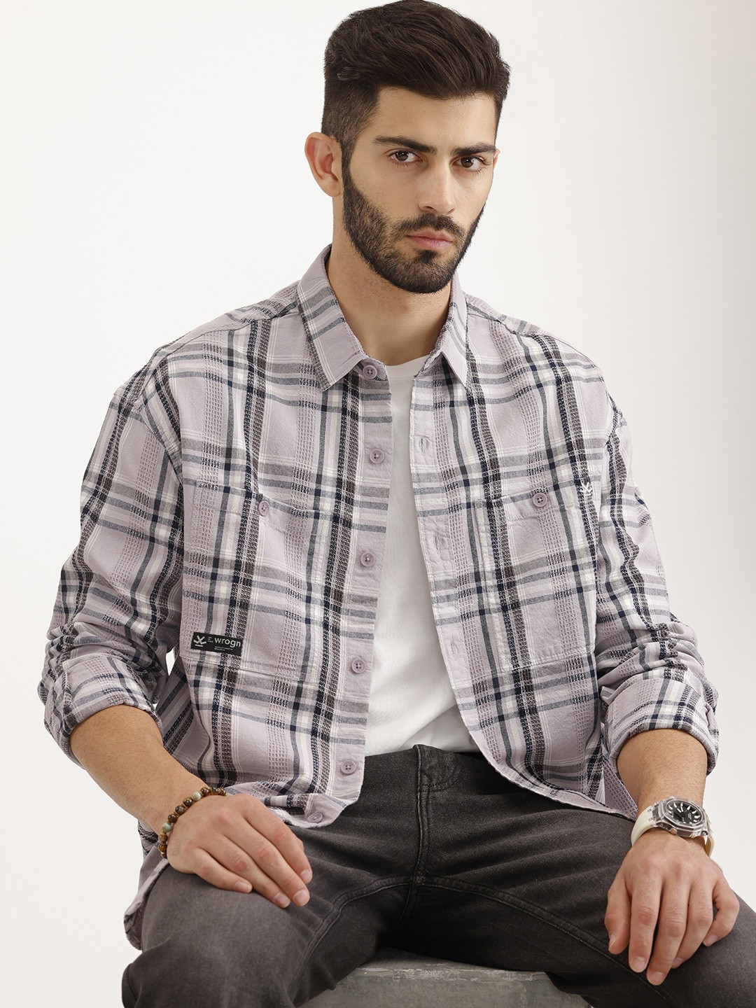 WROGN Oversized Checked Drop-Shoulder Sleeves Pure Cotton Casual Shirt