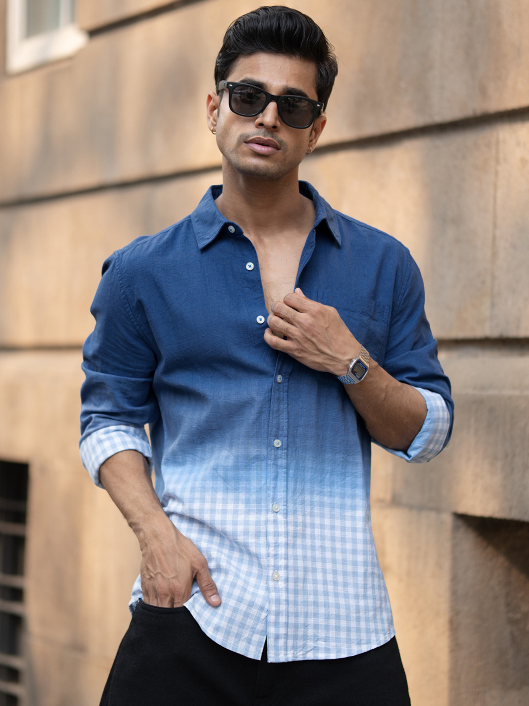 Powerlook Ombre Checks Printed Cotton Long Sleeves Shirt