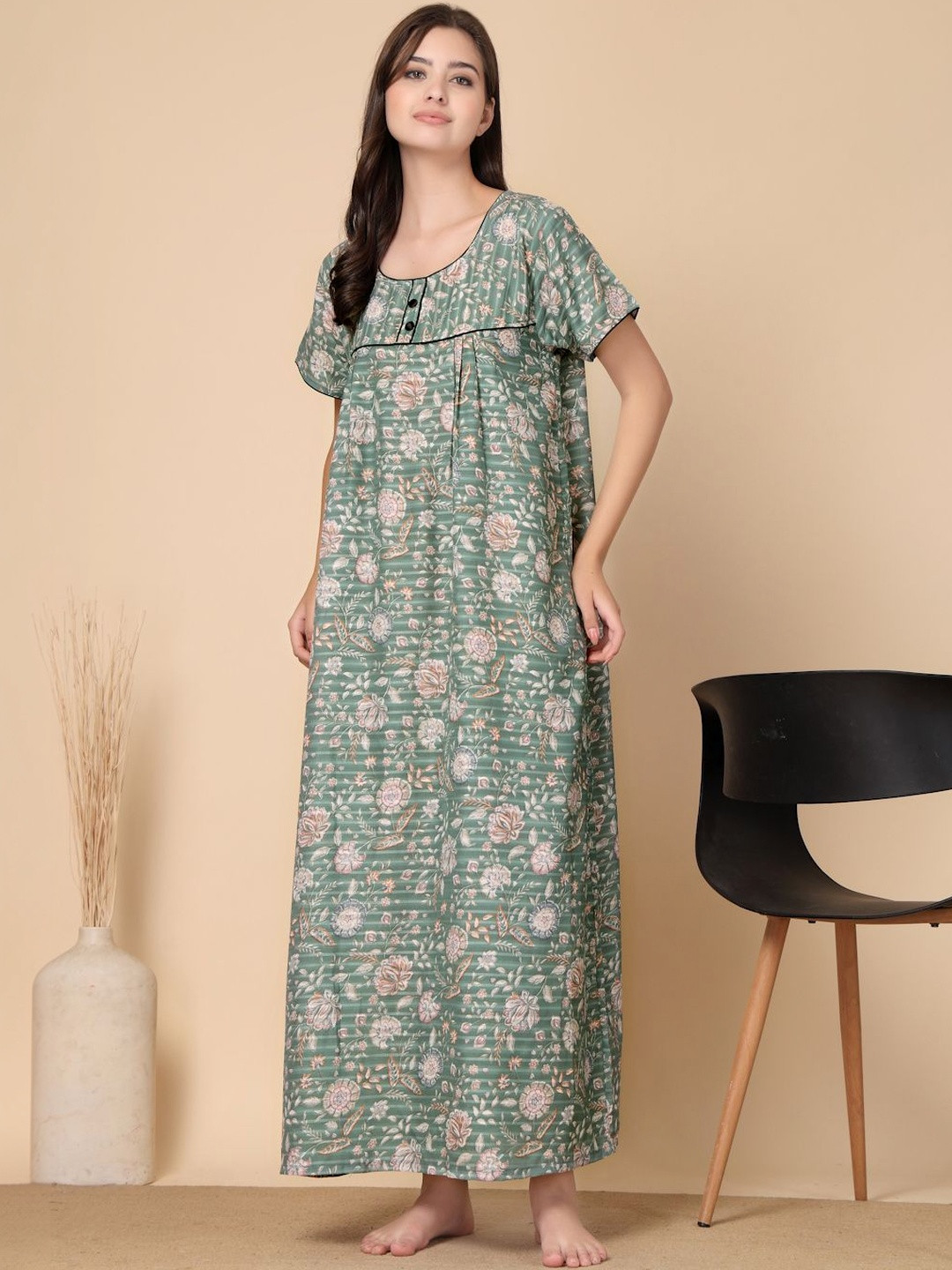 KLOTTHE Green Floral Soft Feel Cotton Blend Printed Maxi Nightdress
