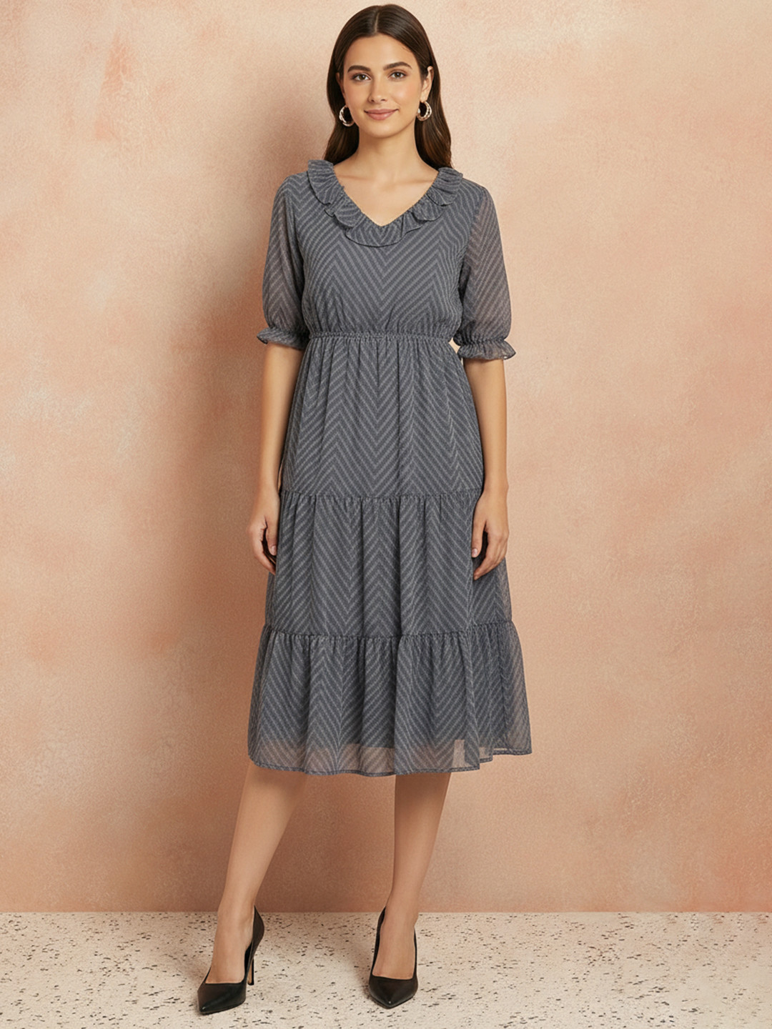 all about you Puff Sleeve Ruffled Crepe Fit & Flare Midi Dress
