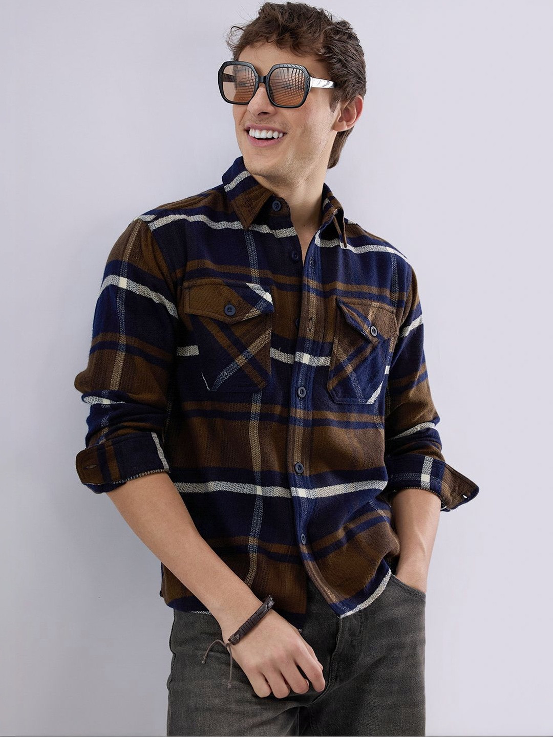 VASTRADO Walnut Brown & Navy Plaid Checks Double Pocket Flannel Shirt