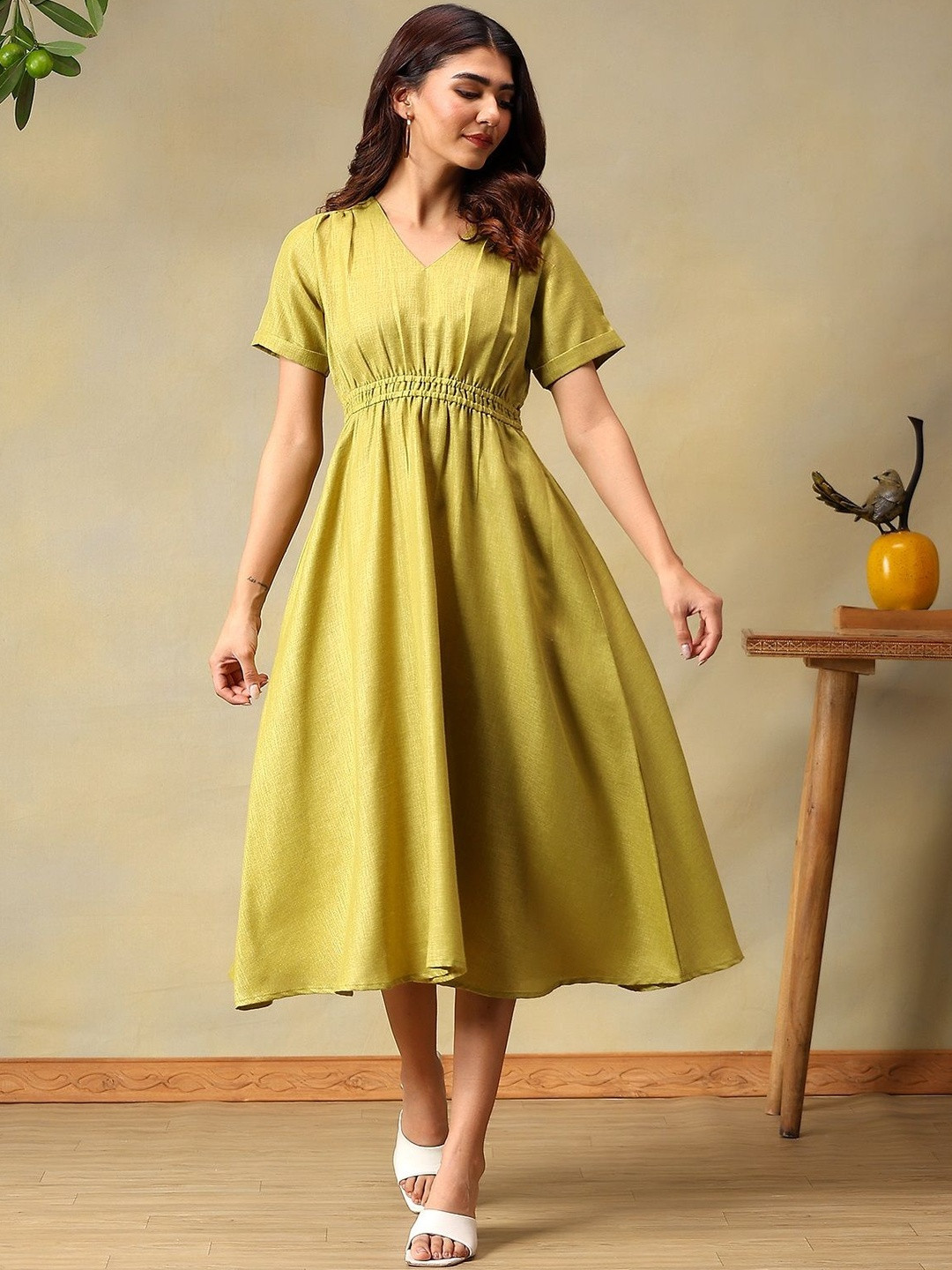 Bani Women Solid Green Fit & Flare Midi Dress