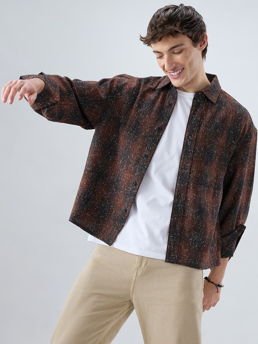 VASTRADO Sanjh Shaam Glossy Brown Textured Cuffless Oversized Crop Shirt