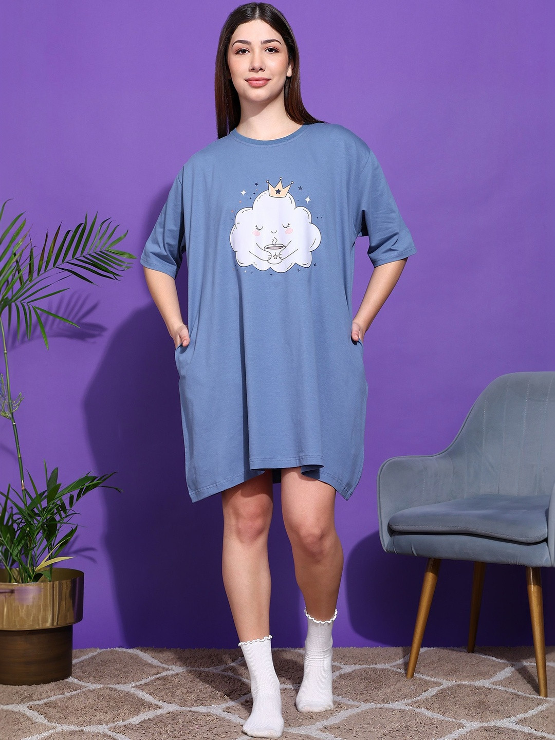 SWITCHOVER Printed Cotton Round Neck Nightdress