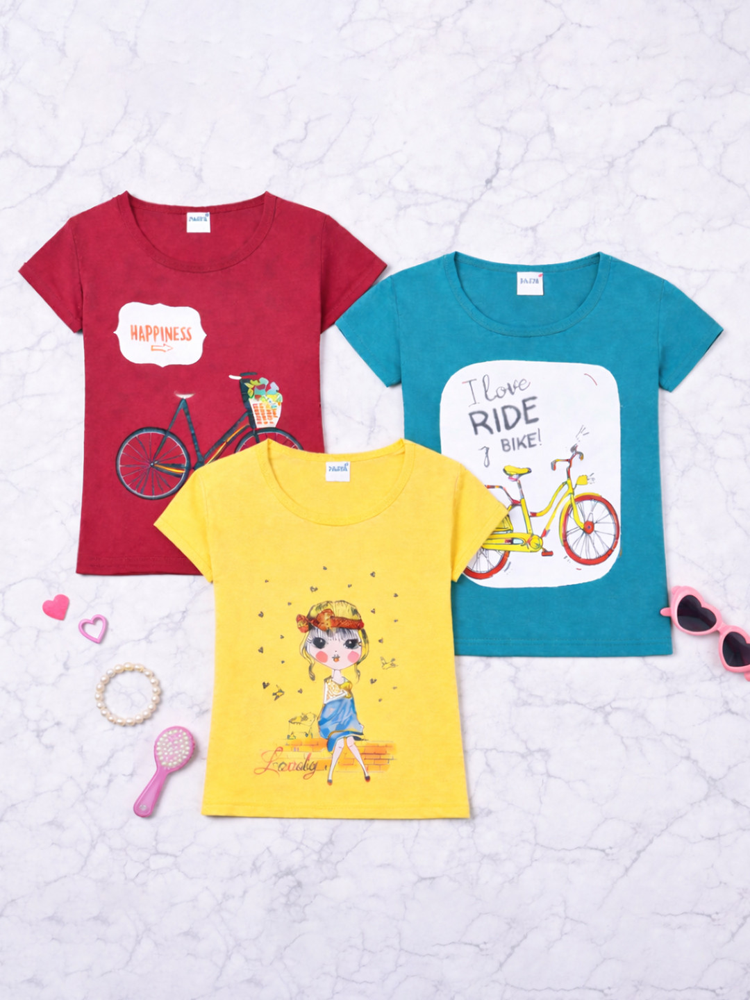 FAZZA Girls Pack Of 3 Round Neck Printed T-shirt