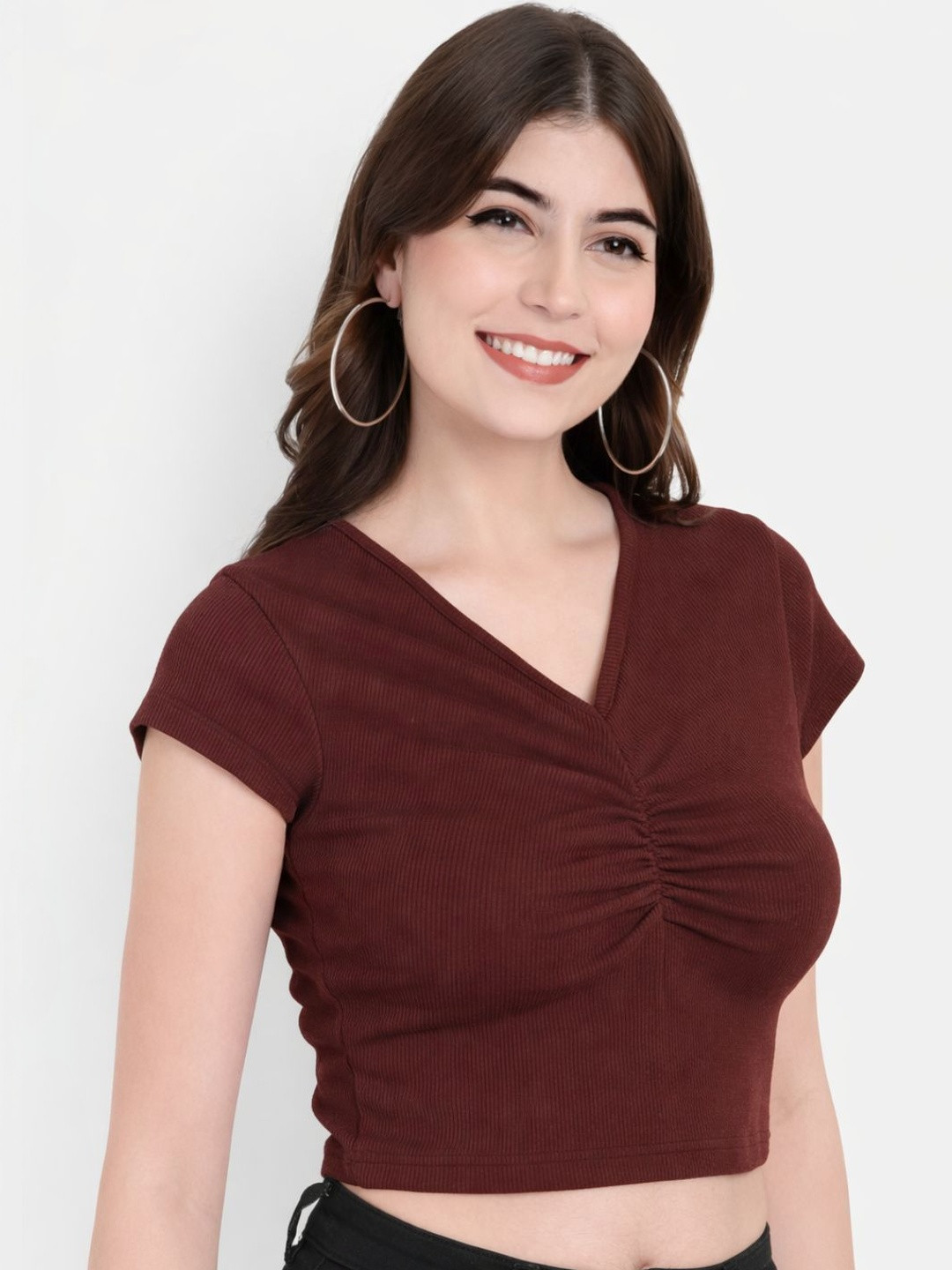 Maroon Ribbed V-Neck Crop Top