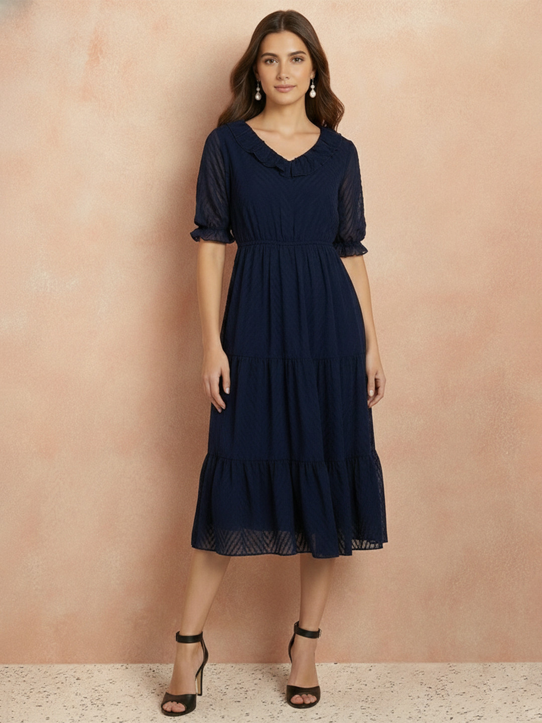all about you Puff Sleeve Ruffled Crepe Fit & Flare Midi Dress