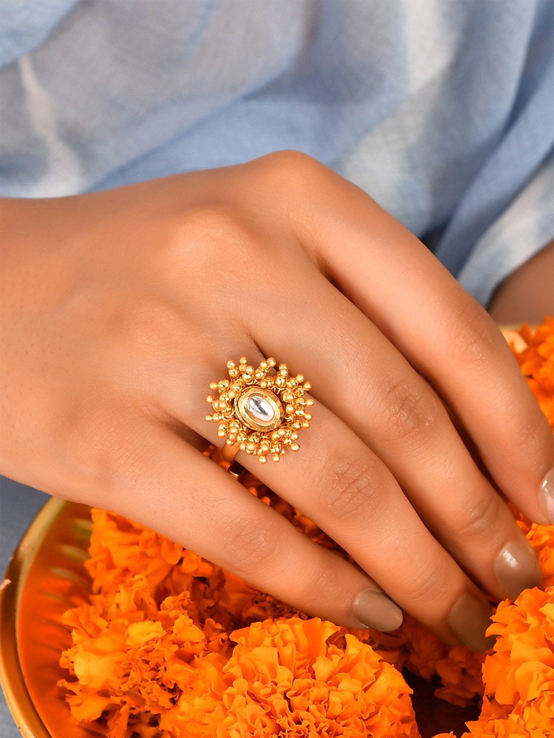 Veerangana Gold Plated Oval Cut Kundan Ring