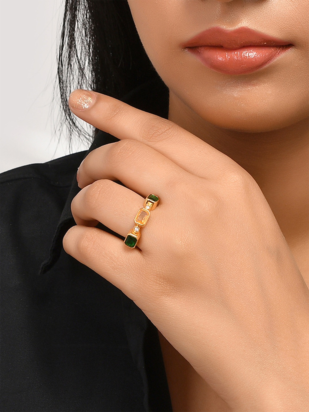 Mother's Day Green and Yellow Emerald Shaped Cz Half Band Ring