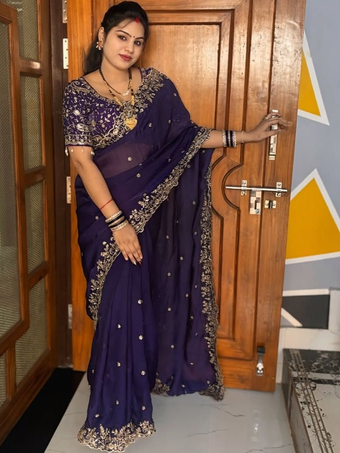 A.G.M.G FASHION Embellished Embroidered Satin Heavy Work Saree