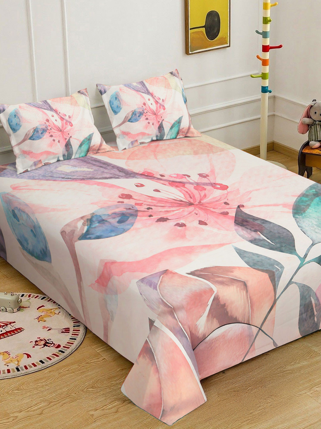 White & Pink Floral Printed Fitted 7D 400 TC Double King Bedsheet With 2 Pillow Cover