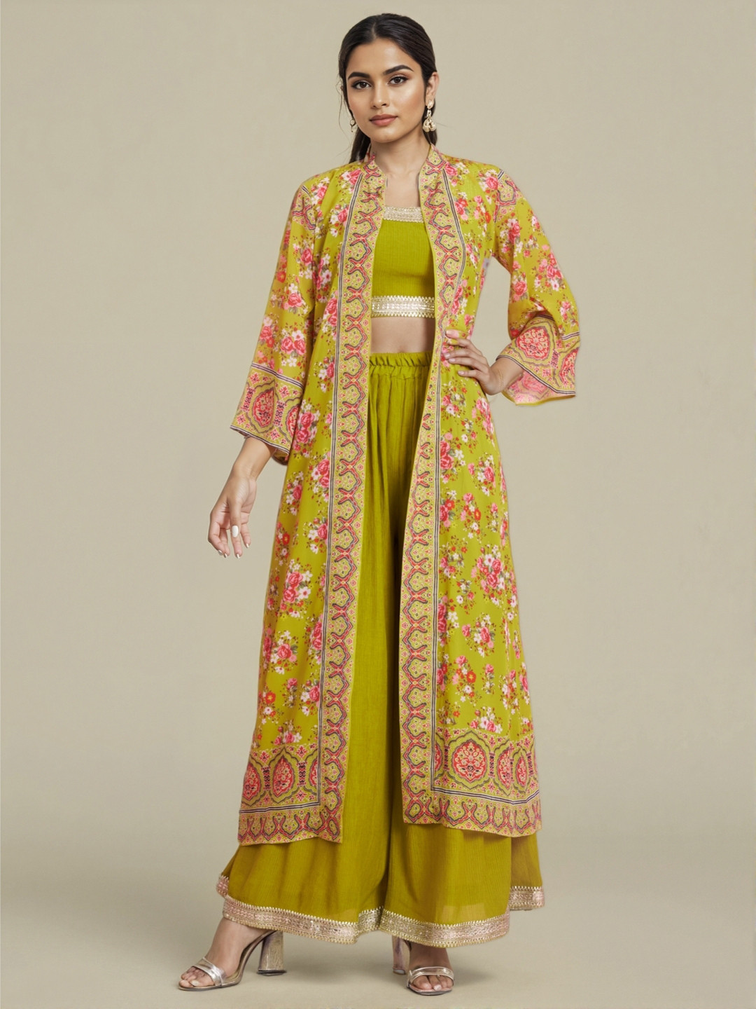 HERE&NOW Women Floral Regular Gotta Patti Top with Palazzos & With Dupatta