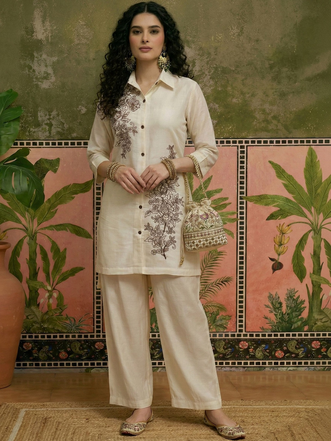 Sangria Embroidered Shirt Collar Kurta & Trousers Kurta Set