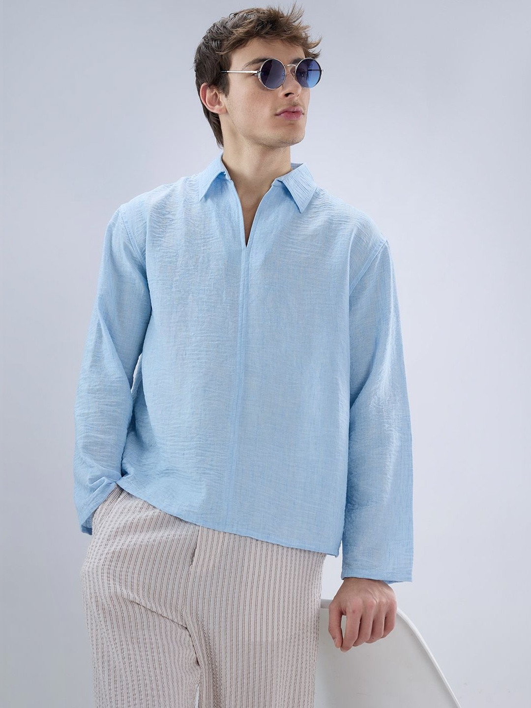 VASTRADO Sky Blue Crinkled Center Seam Oversized Polo Shirt