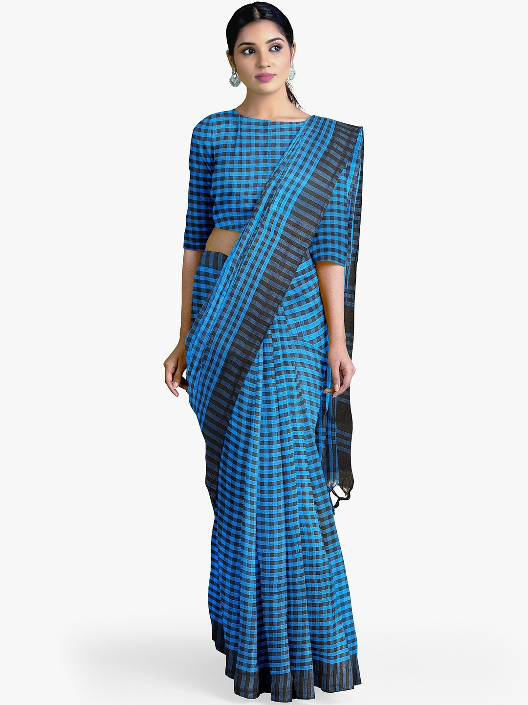 BENGAL HANDLOOM Checked Silk Blend Handloom Taant Saree
