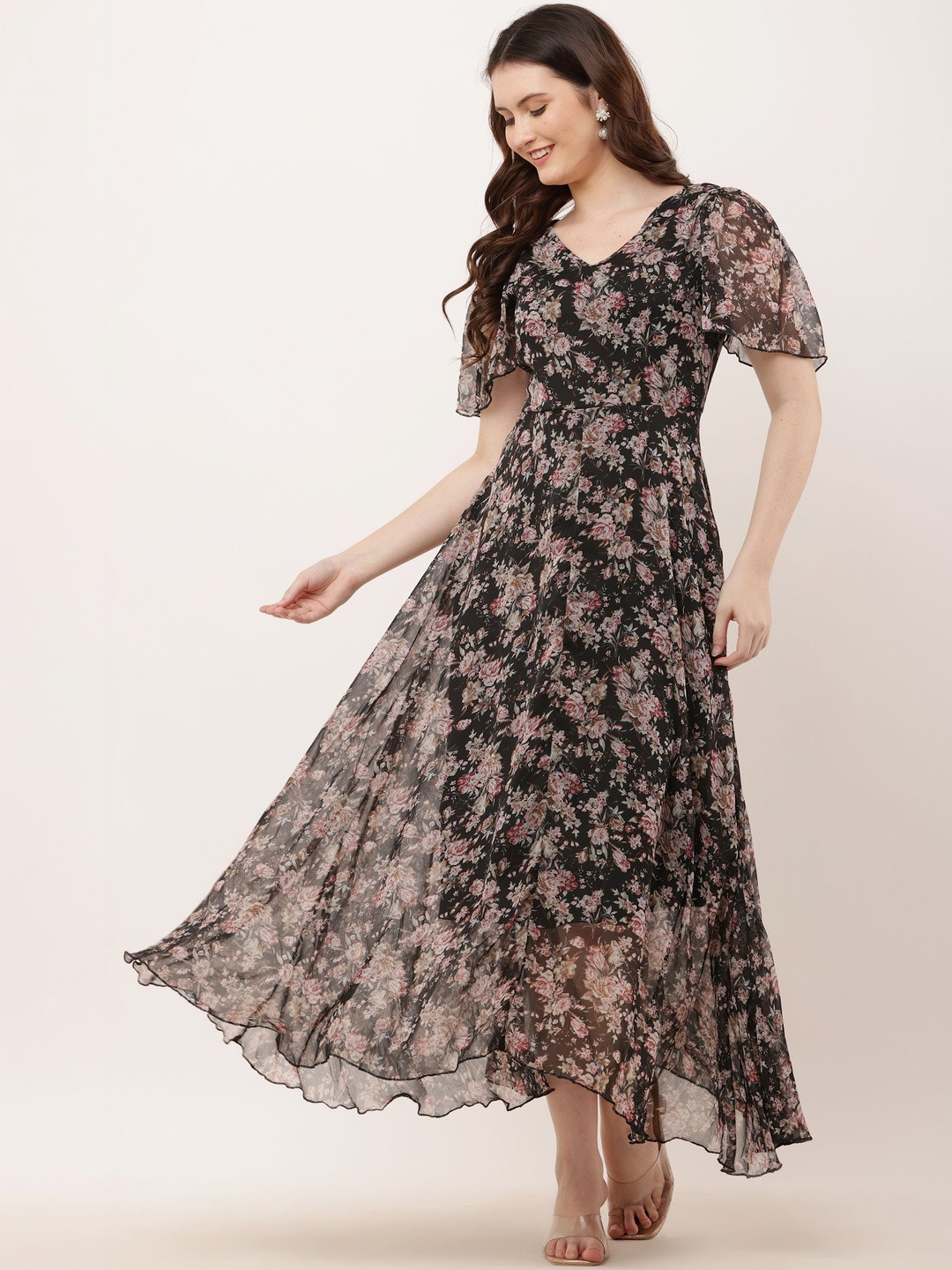 TRUSTROW Floral Print Flutter Sleeve Chiffon Fit & Flare Maxi Dress