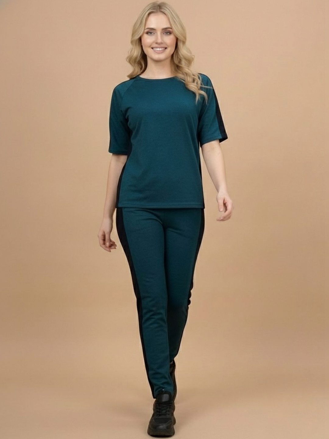 Moda Rapido Women's Dark Blue Cotton Lycra Blend Solid Tracksuit | Co-ord Set For Women| Active Wear Suit Set For Women| Track Suit Set For Women