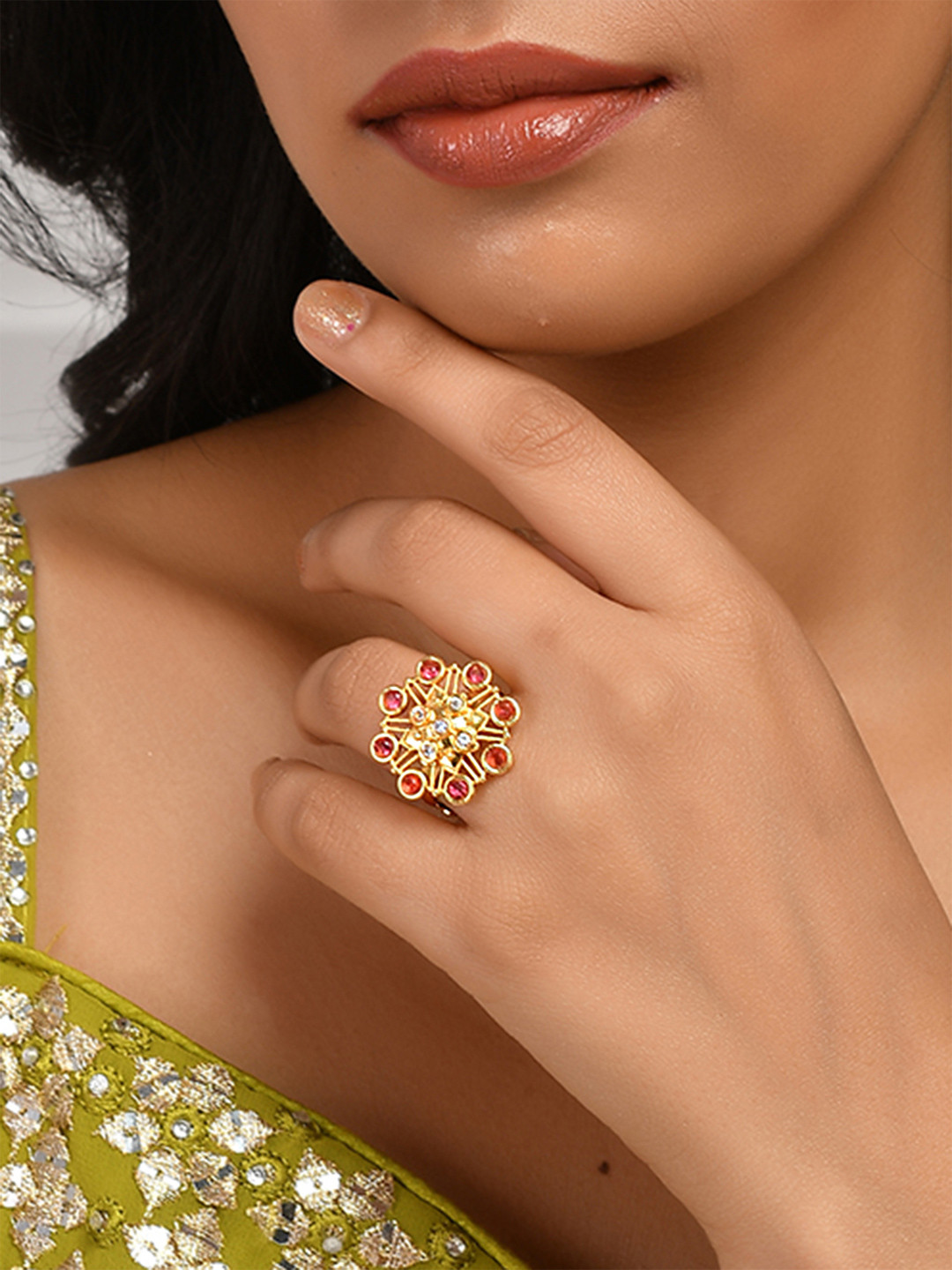 Abharan Red Stone Floral Cocktail Ring