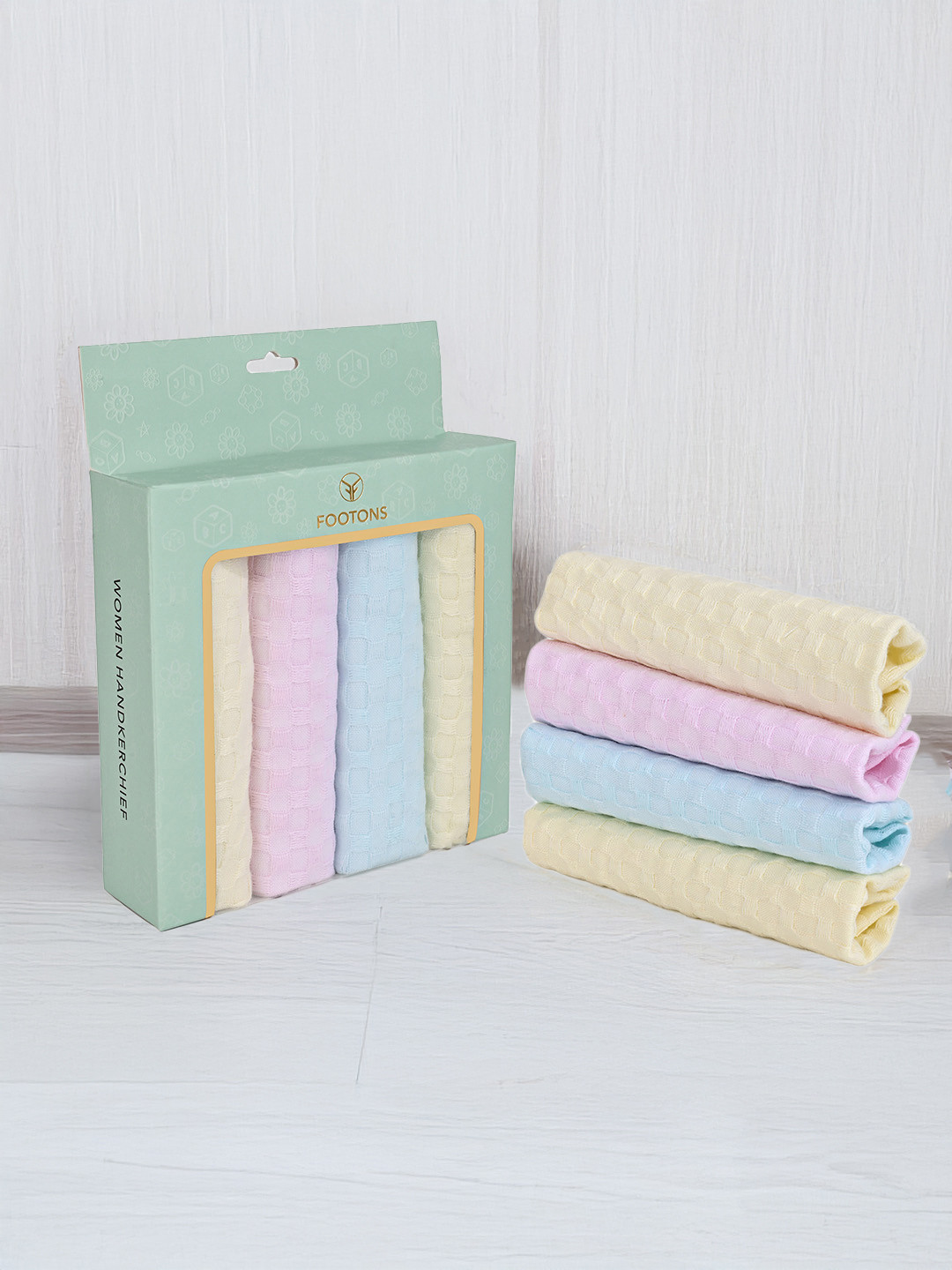 FOOTONS Women Pack of 4 Pink, Yellow & Blue Printed Handkerchiefs with Hemmed Edges