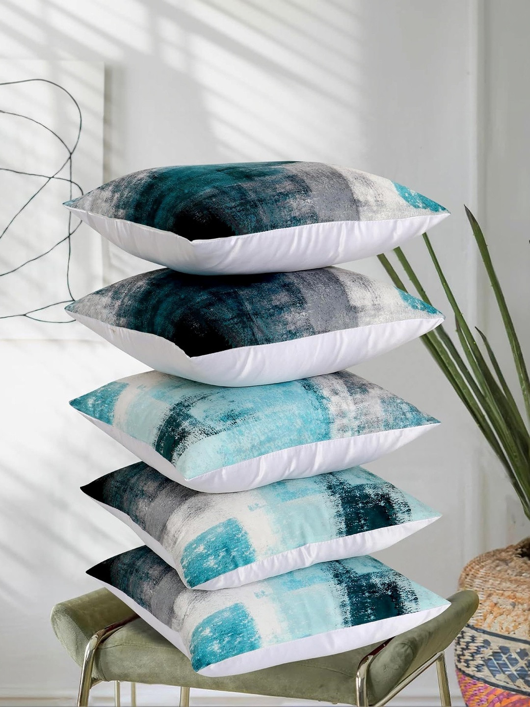 RD TREND Turquoise Set of 5 Velvet-Satin Square Cushion Covers 16x16 Inch