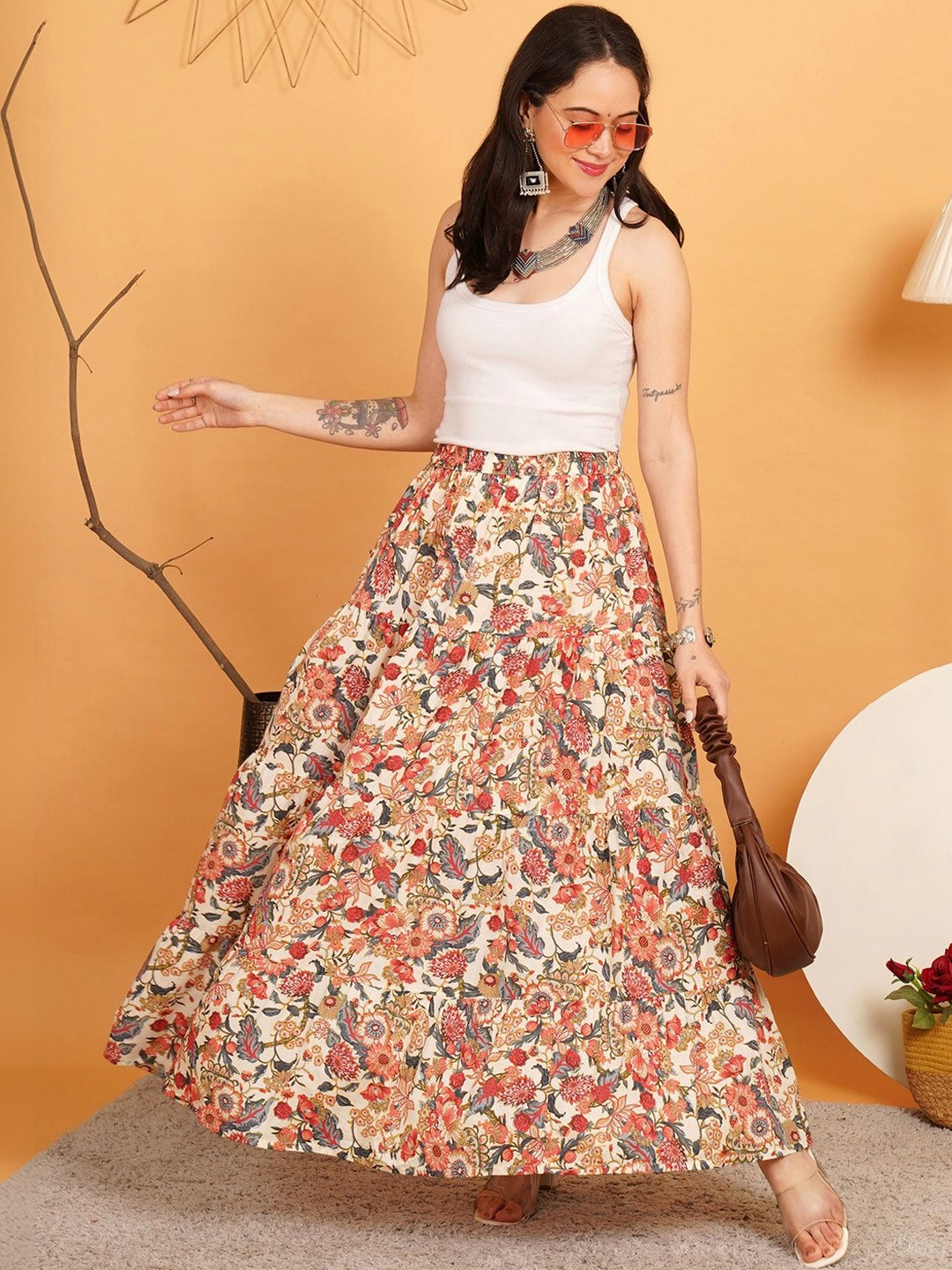 URBAN DHAGA Women Cotton Cotton Cambric Floral Maxi A-Line Skirt