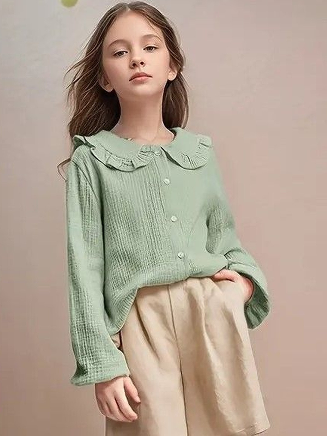 WAHOO Girls Green Ruffle Detail Pure Cotton Top