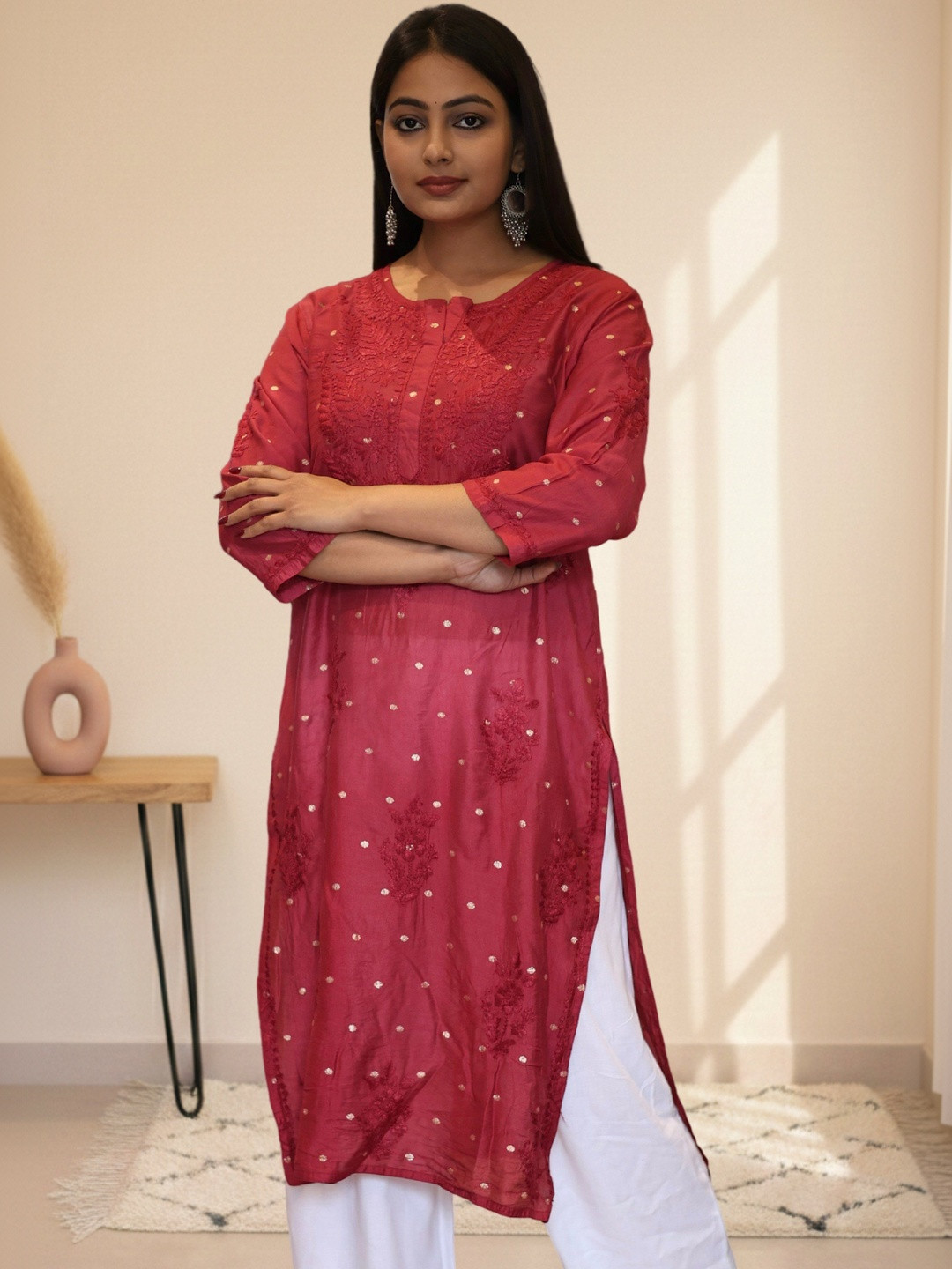 myplusfashion Plus Size Women Embroidered Chikankari Chanderi Silk Kurta