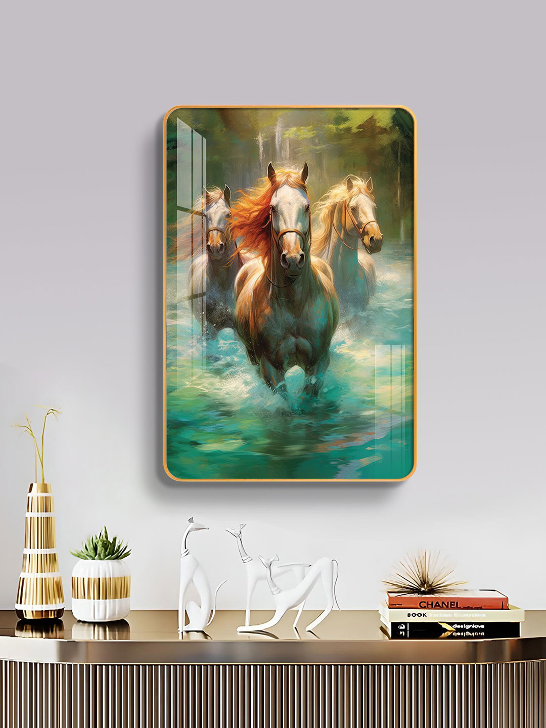 Running Horses Wall Art Painting (12x18 Inch) | Glass Finish Artwork for Home