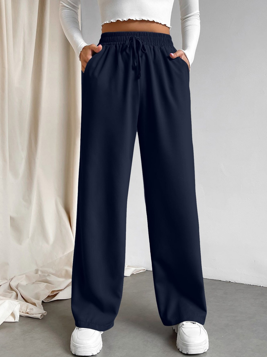 MULVARI Women Loose Fit High-Rise Easy Wash Trousers