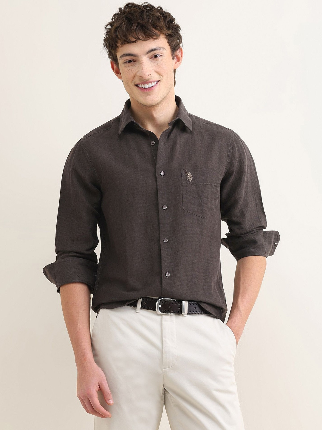 U.S. Polo Assn.Solid Linen Cotton Blend Regular Fit Shirt