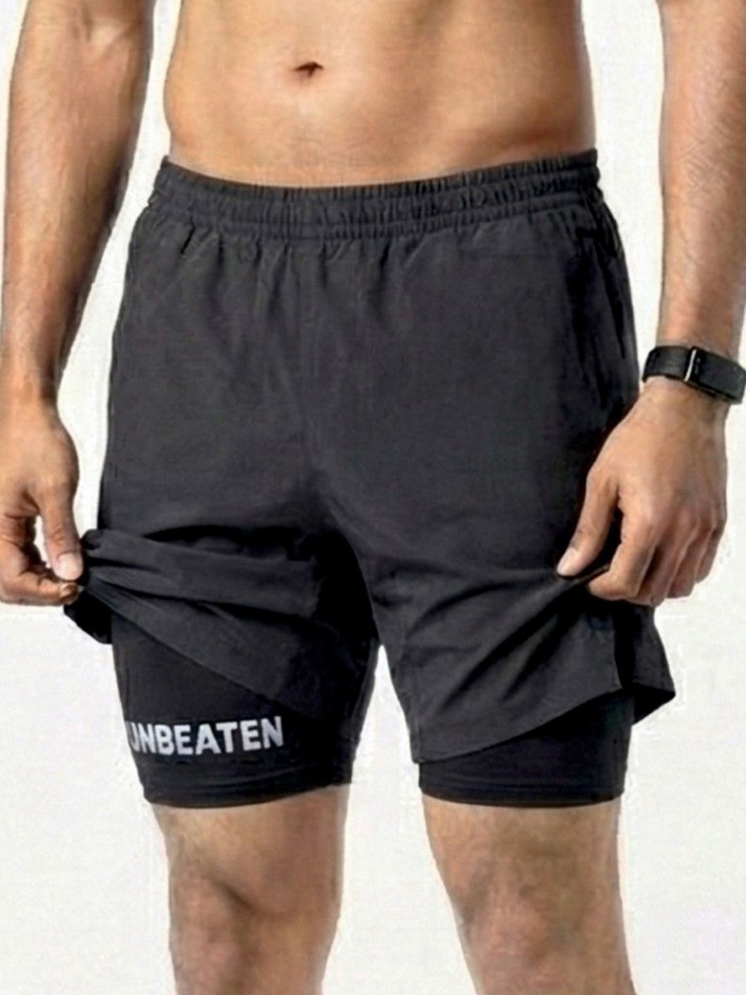UNBEATEN Men 7 inch's Polyester Charcoal Shorts Solid Mid-Rise For Training & Gym