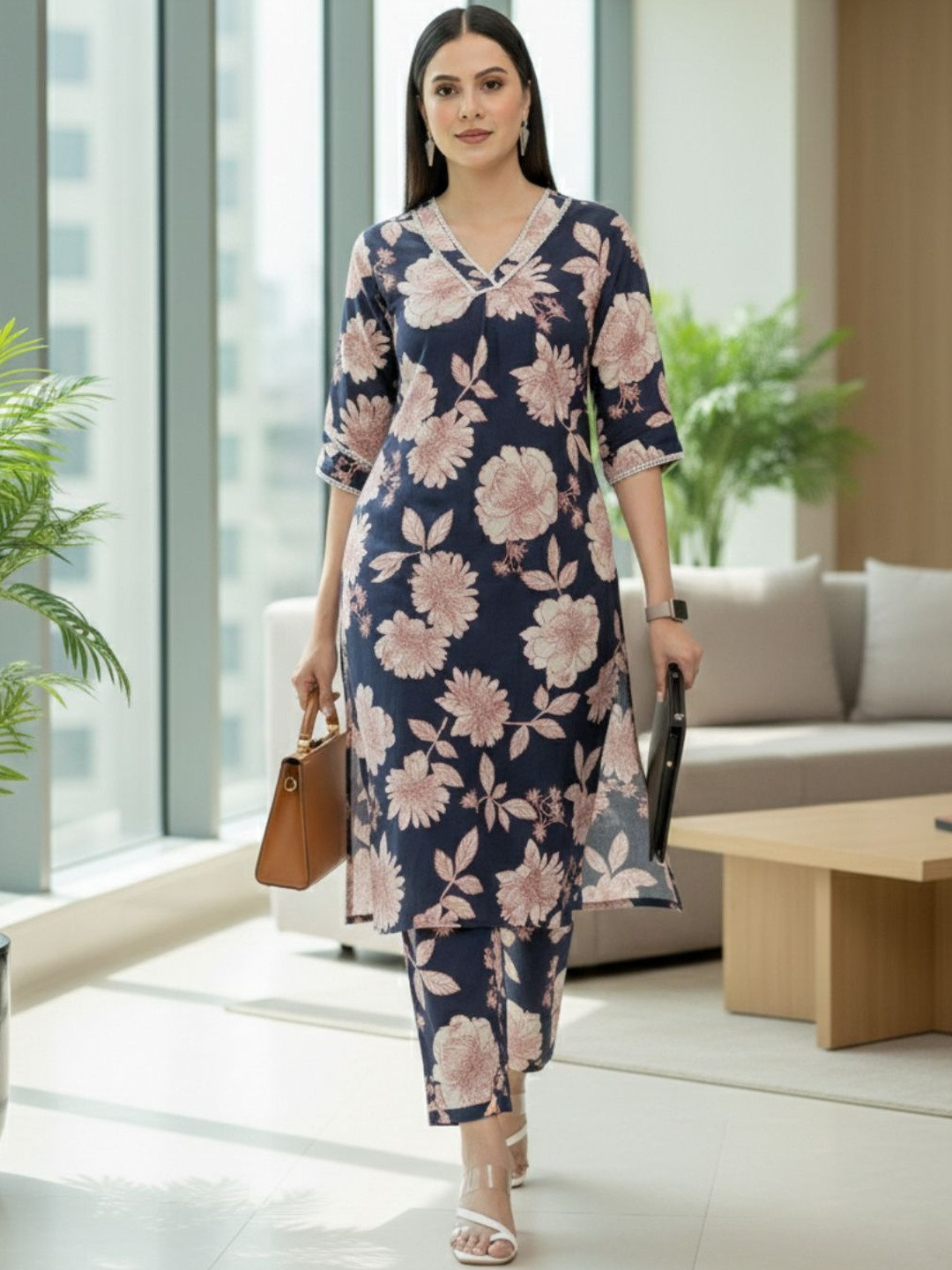 Varanga Women Floral Printed Regular Pure Cotton Kurta with Trousers