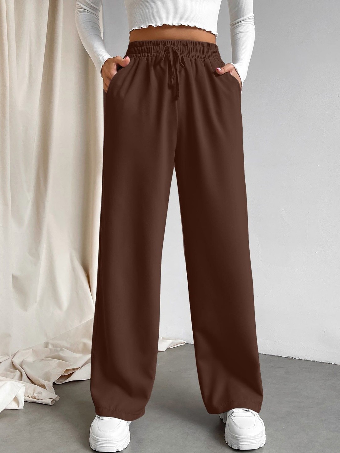 MULVARI Women Loose Fit High-Rise Easy Wash Trousers