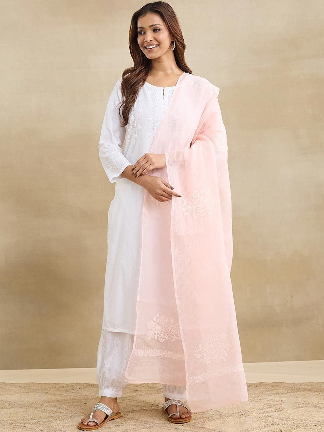Fabindia Embroidered Cotton Silk Dupatta with Chikankari