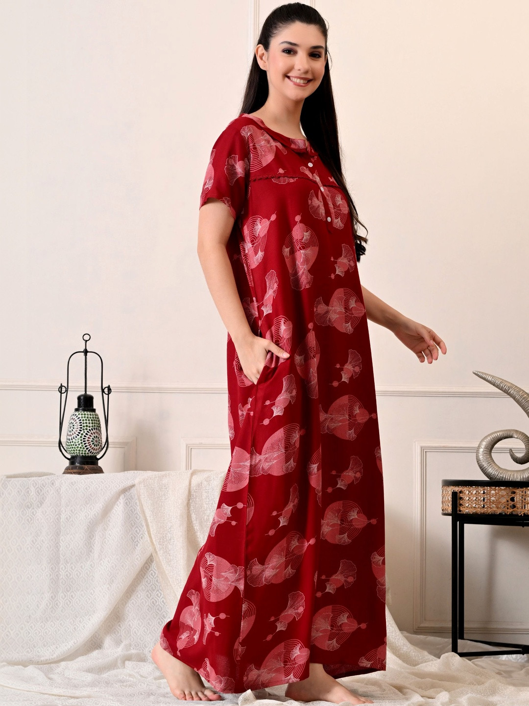 Ichaa Floral Maroon Printed Viscose Rayon Maxi Nightdress
