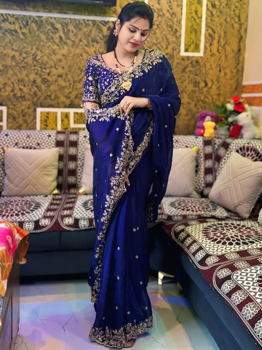A.G.M.G FASHION Embellished Embroidered Satin Heavy Work Saree