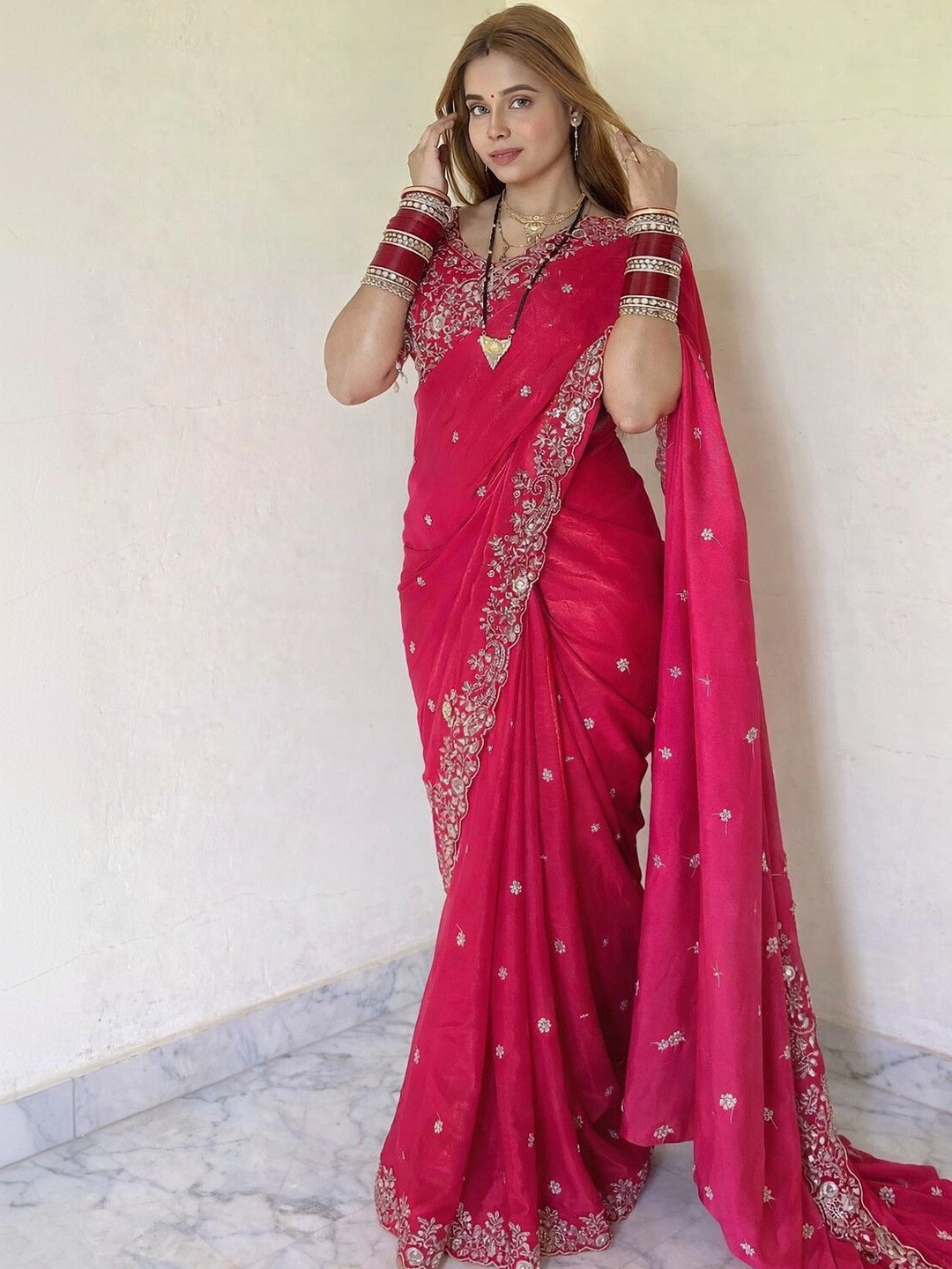 A.G.M.G FASHION Embellished Embroidered Satin Heavy Work Saree