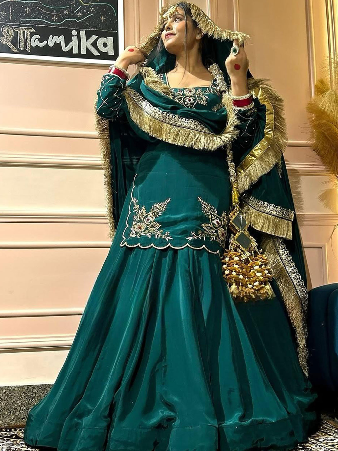 ALISHA CREATIONS Women Ethnic Motifs Embroidered Regular Sequinned Silk Crepe Kurta with Sharara & With