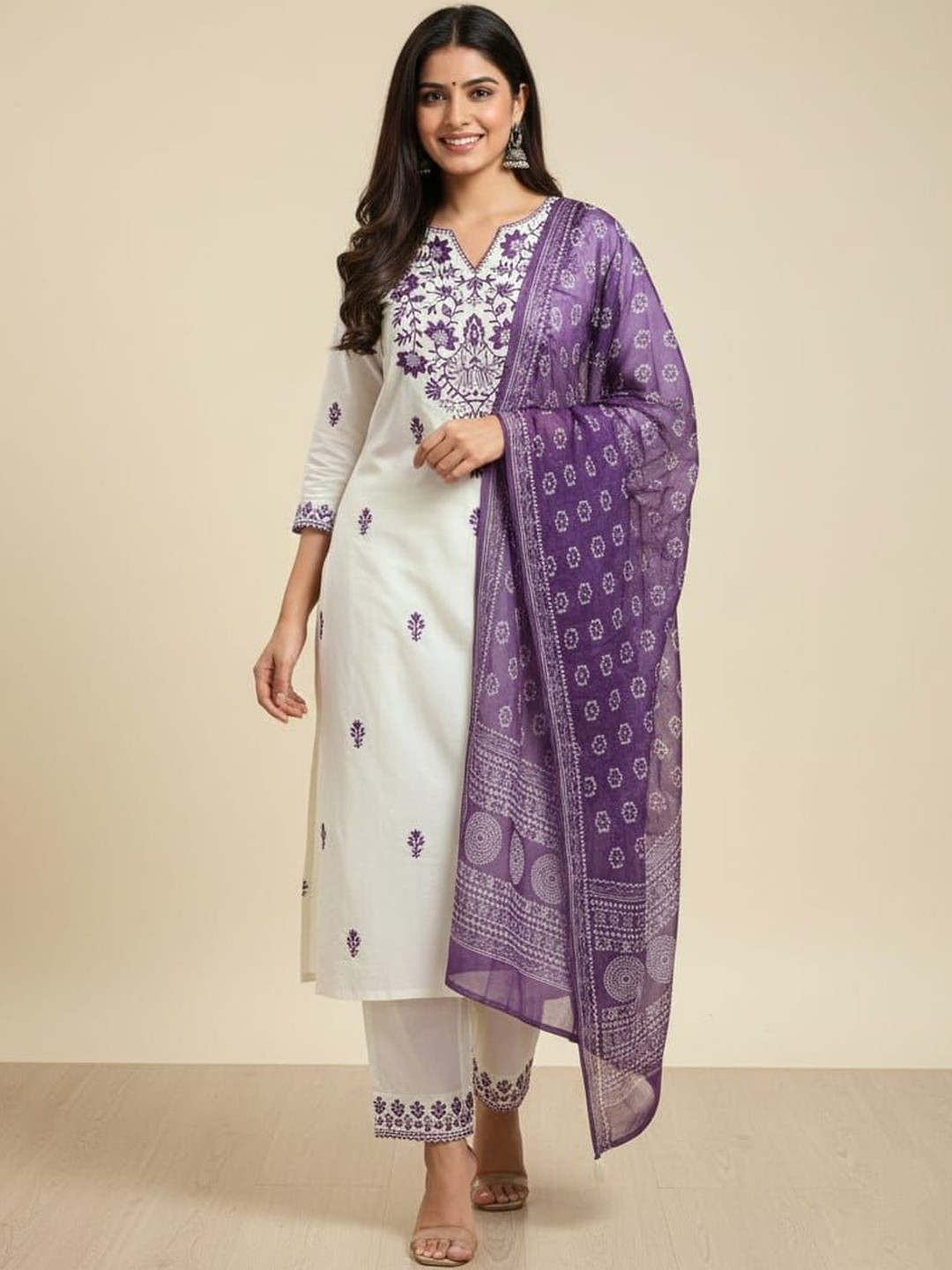 TIBAKKDI Women Ethnic Motifs Embroidered Regular Thread Work Pure Cotton Kurta with Trousers & With Dupatta