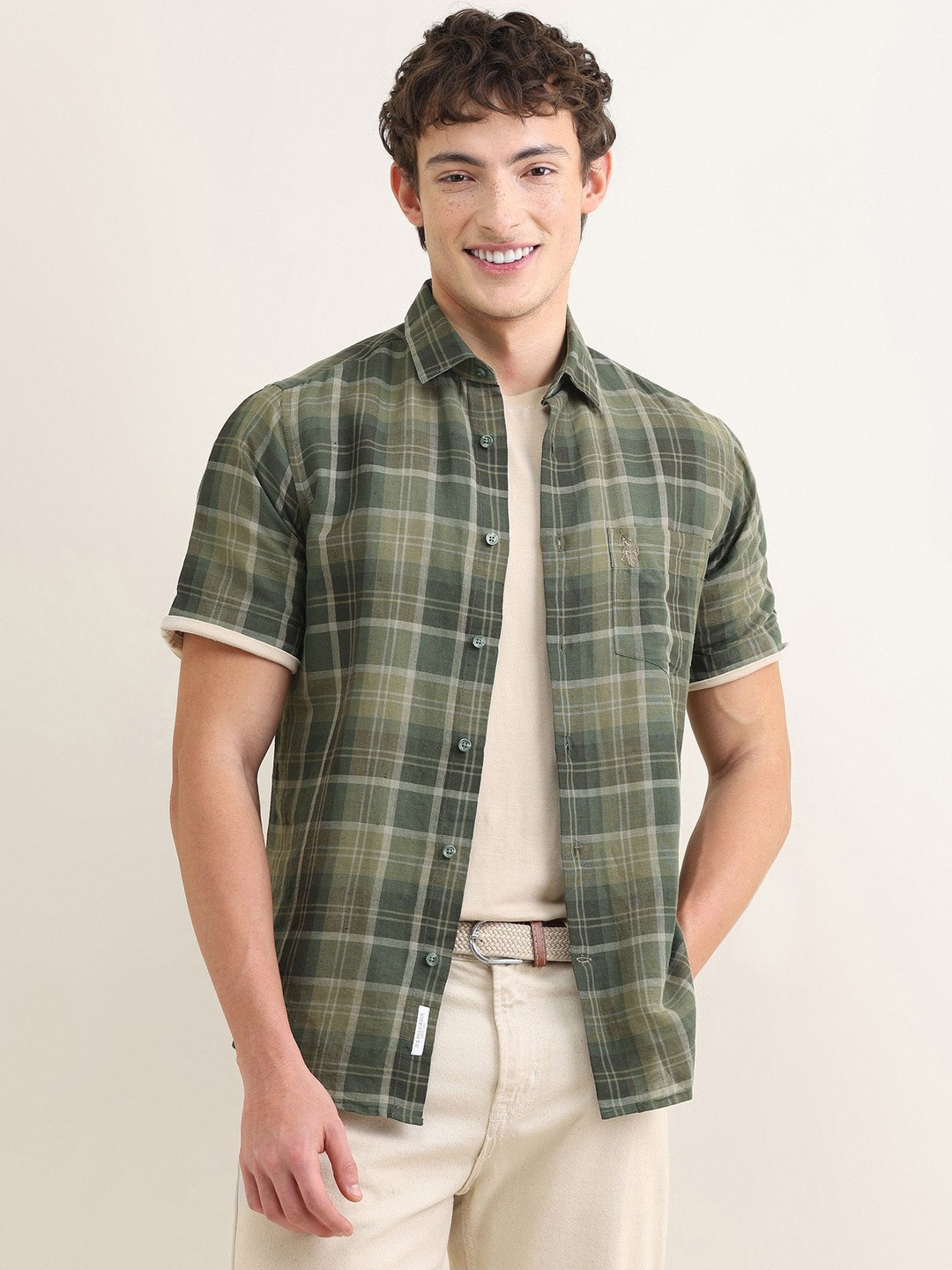 U.S. Polo Assn.Plaid checked Linen Cotton Blend Regular Fit Shirt