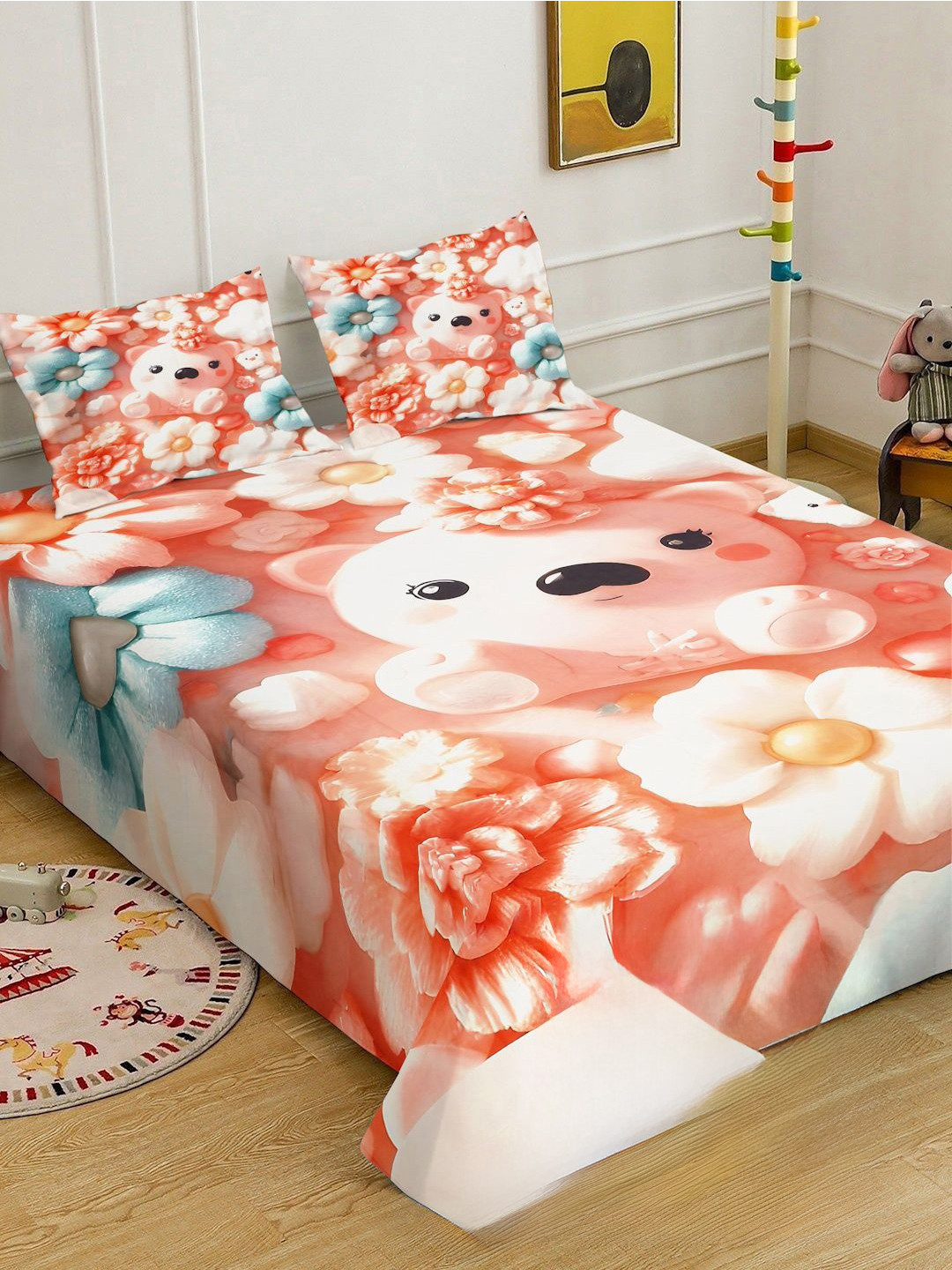 Orange Cartoon Printed Fitted 7D 400 TC Double King Bedsheet With 2 Pillow Cover