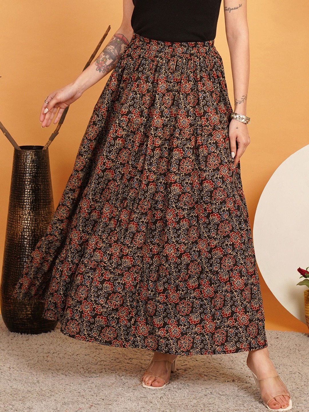 URBAN DHAGA Women Cotton Cotton Cambric Floral Maxi A-Line Skirt