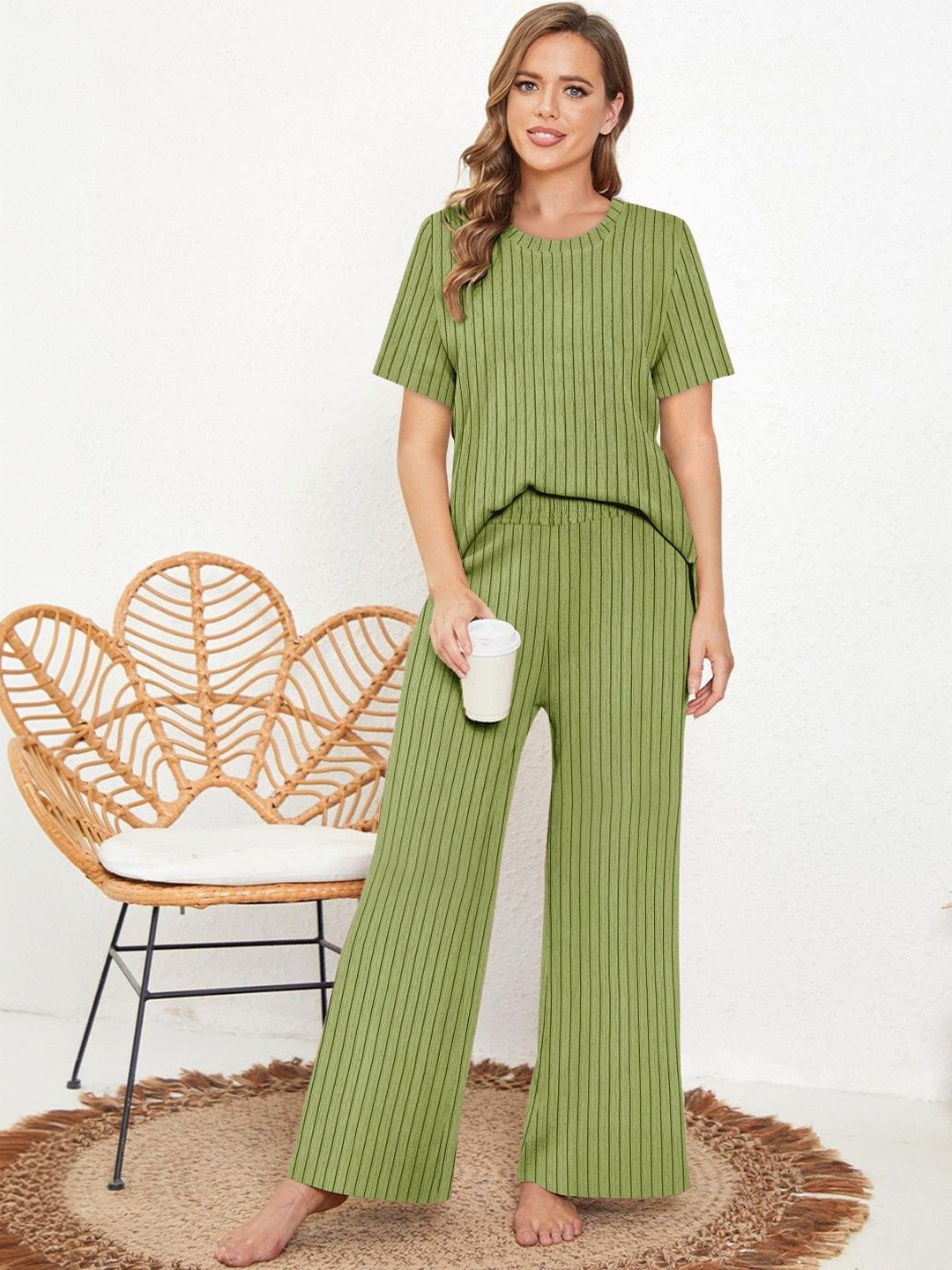 CREZYVEZY Lime Green Striped T-Shirt with Palazzos
