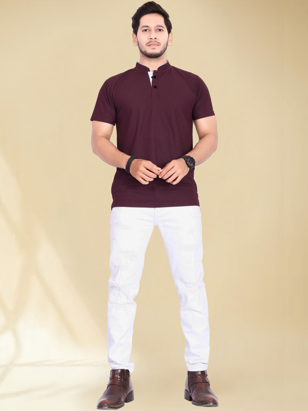 Divra Clothing Men Mandarin Collar T-shirt