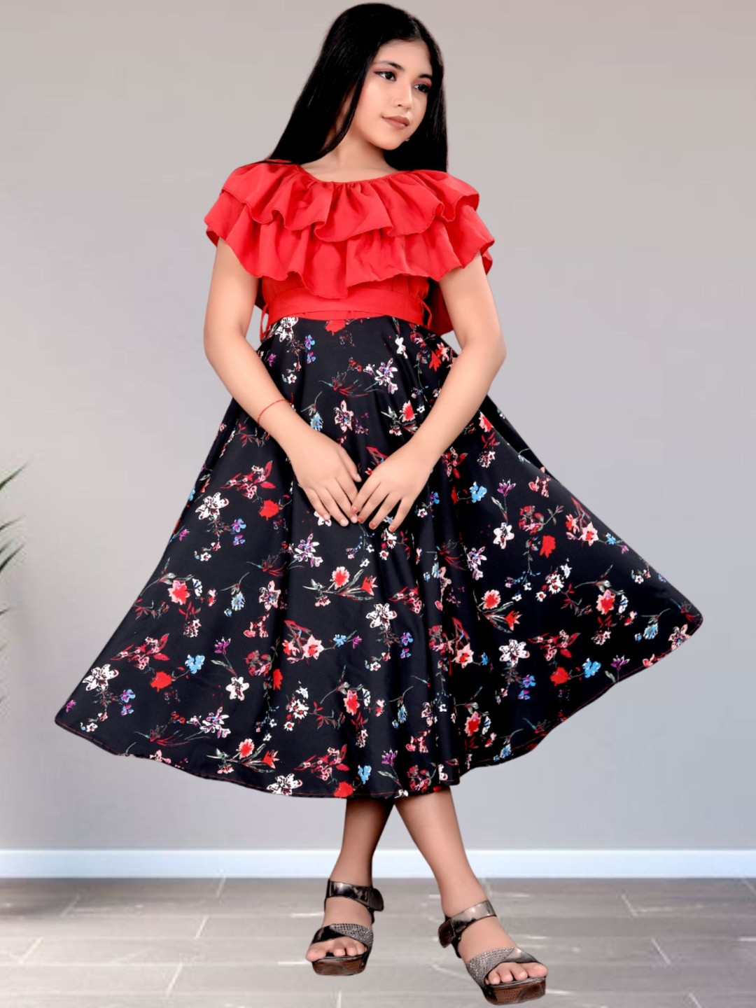 KRASRENAR Floral Print Crepe Fit & Flare Dress