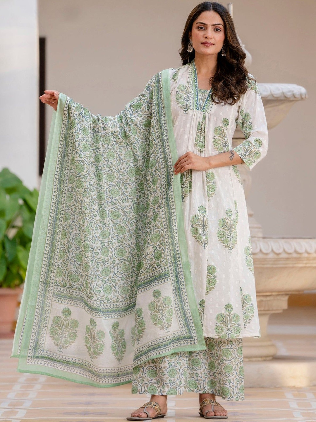 Sangria Printed Pure Cotton V-Neck Kurta & Palazzos Kurta Set